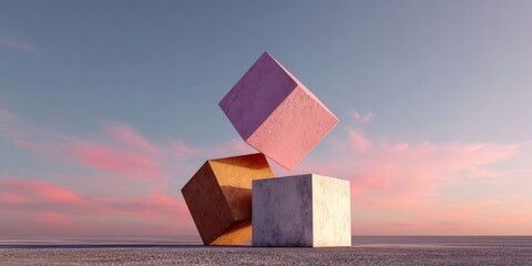 Pastel Cubes Stacked Diagonally Against Gradient Sky