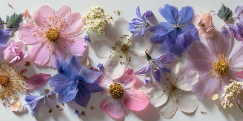Pastel Floral Flat Lay with Pressed Flowers on White Background