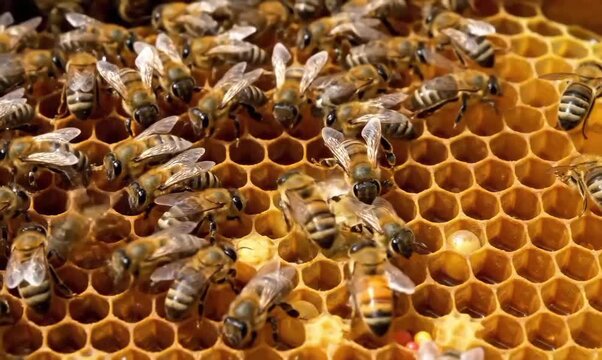 Close up of many honey bees on a honeycomb working together closely