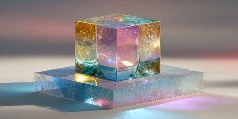 Pastel Glass Cube on Abstract Platform for Modern Design and Art Display