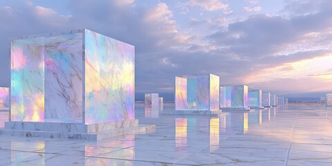 Pastel Holographic Sky Backdrop with White Marble Cubes Display