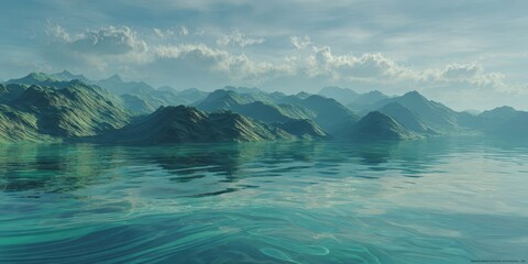 Pastel Green Hills Reflecting in Calm Blue Waters Under Cloudy Sky