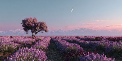 Pastel Lavender Field Landscape at Sunset with Crescent Moon