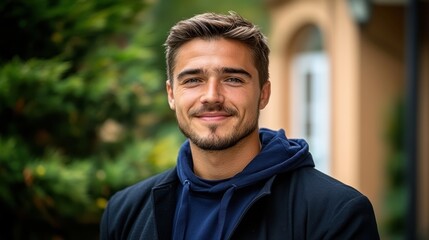 A young man with a beard is outside wearing a blue hoodie and a black jacket. The background includes green trees and a building with an archway