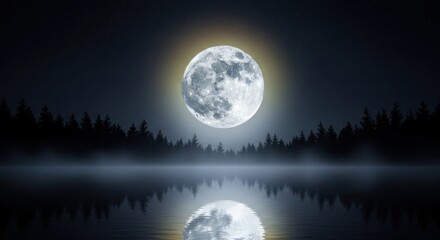 Full moon shining brightly over a calm lake, reflecting in the water with silhouetted trees in the background.