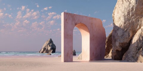 Pastel Minimalist Arch Structure on a Beach Scene