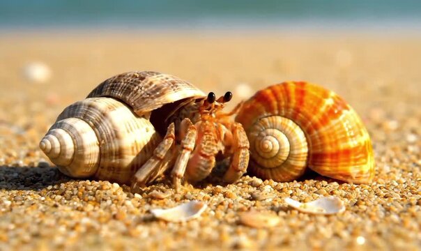 Hermit crab switching shells on the sandy shore