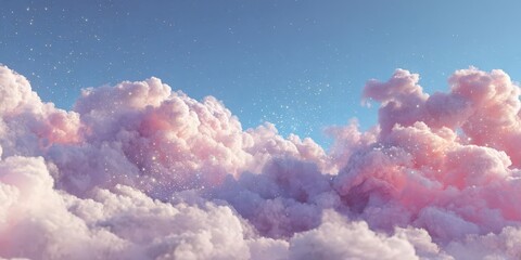 Pastel Pink and Blue Fluffy Clouds with Sparkling Stars in Light Blue Sky
