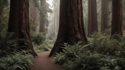 Misty forest path through giant trees