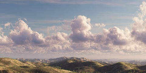 Pastel Sky Landscape with Soft Clouds and Rolling Hills