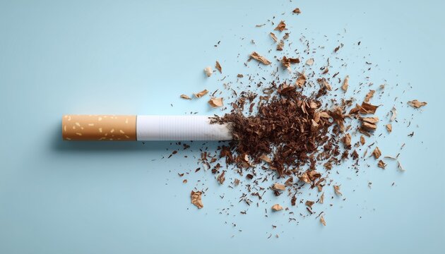 World No Tobacco Day: Broken Cigarette, Scattered Tobacco On Light Blue Background. Promoting A Healthy Lifestyle And Encouraging People To Quit Smoking.