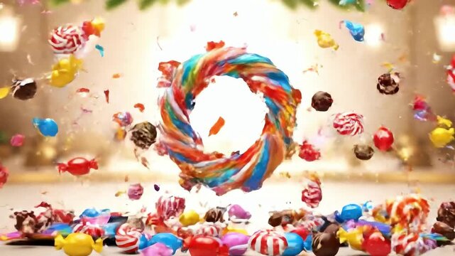 Colorful gift box bursts open, unleashing candy in a whirlwind. Metaphor for joy, surprise, gift-giving, celebration, and colorful abundance