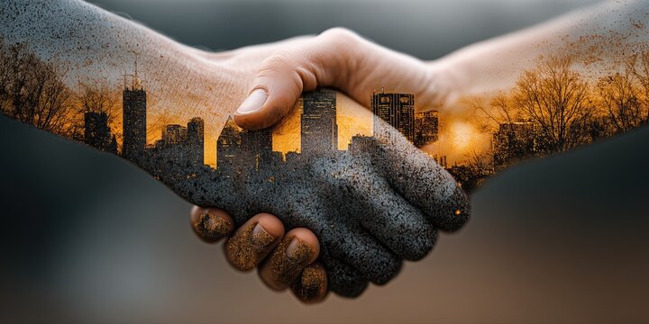 Creative handshake with double exposure skyscraper skyline on dark background for business partnership branding.

