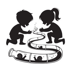 Vector art of two children silhouettes playing with a water slide in a bottle, with snails inside