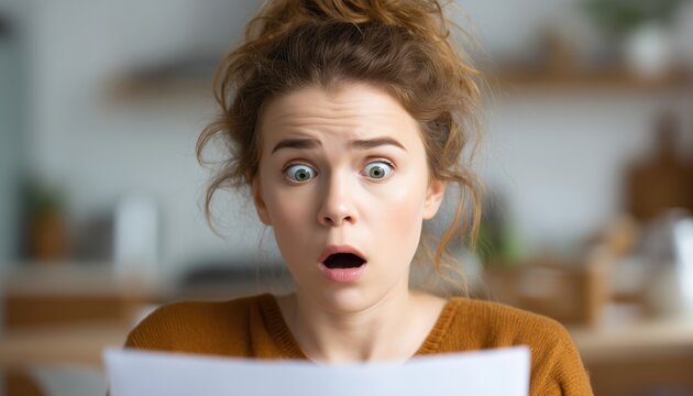 Shocked Woman Surprised By High Utility Bills, Reviewing Bank Documents And Letters, Reacting To Financial News In Disbelief