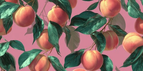 Peach and Green Leaf Pattern on Pink Background for Fashion and Decor