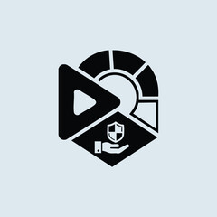 Obraz premium Modern digital security concept featuring a hand holding a shield with a checkmark, surrounded by a circular progress indicator and play button symbol