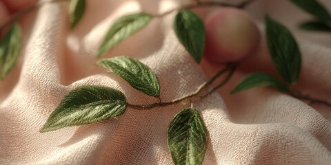Peach Fabric Pattern with Green Leaf Design