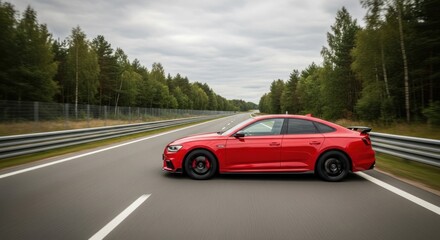 A vibrant red sports car speeds along a racetrack, surrounded by lush green trees under a cloudy sky.