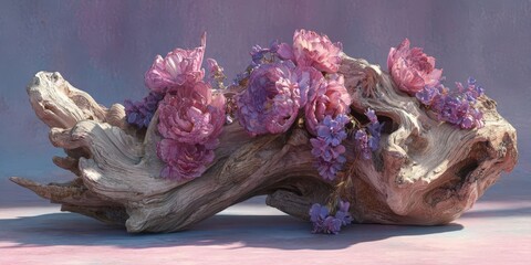 Pink Ceramic Sculpture on Driftwood with Vibrant Purple Flowers