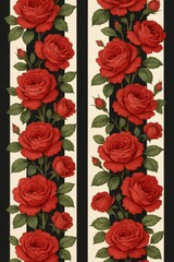 Red roses climbing stripe pattern creating a vintage floral botanical wallpaper or fabric background art print