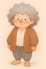 Elderly grandmother character smiling, wearing a cardigan and feeling warm, representing family and caring