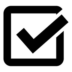 Simple black and white check mark icon in a square box for approval and verification