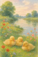 Three cute ducklings sleeping peacefully on a grassy river bank, wildflowers blooming, soft watercolor illustration