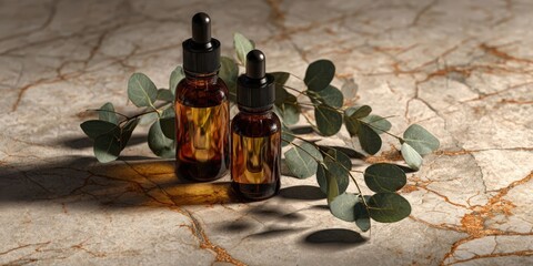 Amber Glass Bottles of Essential Oils with Eucalyptus Leaves on Marble Surface