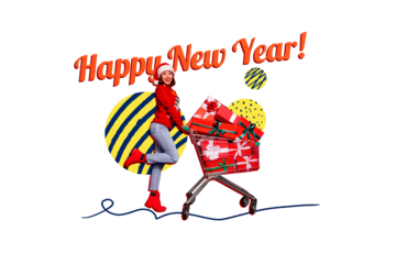 Composite photo collage of excited girl carry trolley pile present sale new year shopping offer holiday isolated on painted background