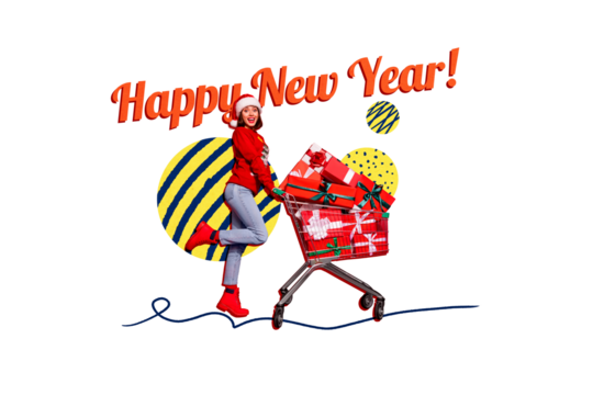 Composite photo collage of excited girl carry trolley pile present sale new year shopping offer holiday isolated on painted background