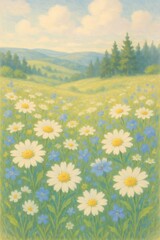 Meadow of blooming daisies and wildflowers with rolling hills and pine trees under a blue sky