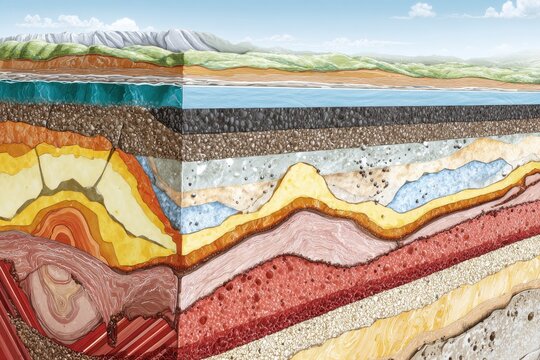 Cross section of Earth's lithosphere illustrating the crust, mantle, and tectonic layers with vibrant colors and textures, showcasing geological features and formations in detail