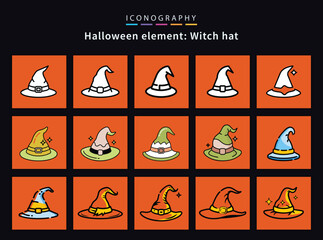Halloween witch hat set spooky and cute magical hats cartoon vector illustration