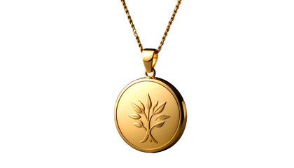 Gleaming golden pendant with a detailed leaf emblem, hanging from a chain