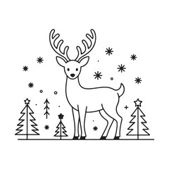 Whimsical line art reindeer standing amidst snowy winter scene with festive trees and stars isolated on white background silhouette vector