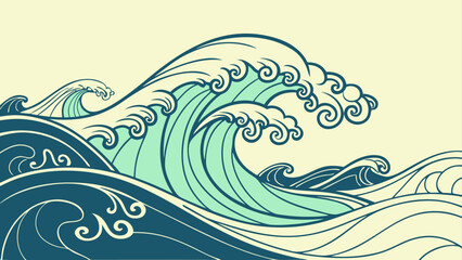Stylized illustration of powerful ocean waves crashing with a vintage aesthetic, featuring swirling foam and deep blue hues
