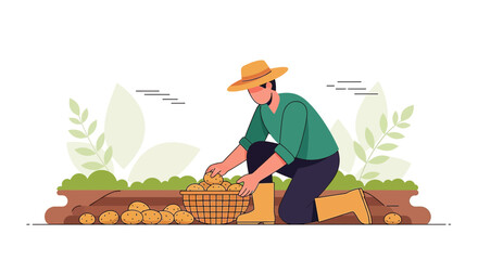 Illustration of a farmer harvesting potatoes in a field with a basket full of produce