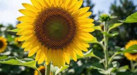 Fototapeta premium Close-up of a vibrant yellow sunflower in full bloom, with green leaves and a blue sky in the background.