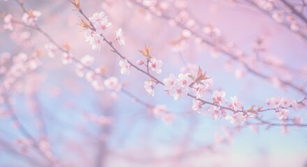 Naklejka premium Aesthetic background soft focus on a blooming cherry tree ethereal and delicate. 