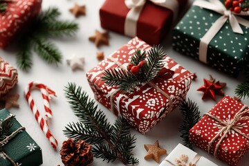 Festive Christmas gifts wrapped in red and green with seasonal decorations