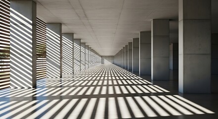 Long corridor with concrete pillars and striped shadows from sunlight