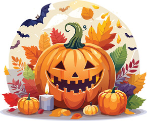 Spooky Halloween pumpkin with bats and autumn leaves in a festive illustration.