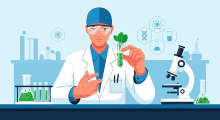 Illustration of a Scientist Holding a Test Tube with a Plant in a Laboratory Environment