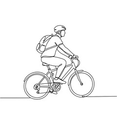 Obraz premium Man riding bicycle in casual outfit with backpack in simple outline 