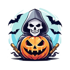 Spooky Halloween Grim Reaper with Pumpkin and Bats