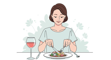 Illustration of a young woman enjoying a meal with a glass of red wine delicately presented