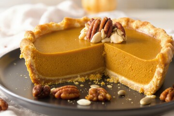 Sliced pumpkin pie topped with pecans and nuts served on a dark plate for thanksgiving day