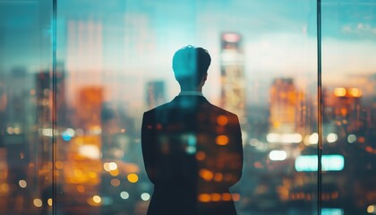 Contemplating Success: Young Businessman Gazing Out Of Window In Modern Interior With Abstract City View. Double Exposure Enhances The Scene.