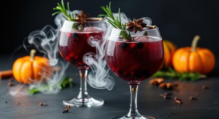 Two wine glasses filled with red liquid and spices surrounded by smoke with pumpkins nearby